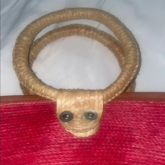 Vibrant Red and Tan Woven Tote with Basket Shape - Picture 5 of 6